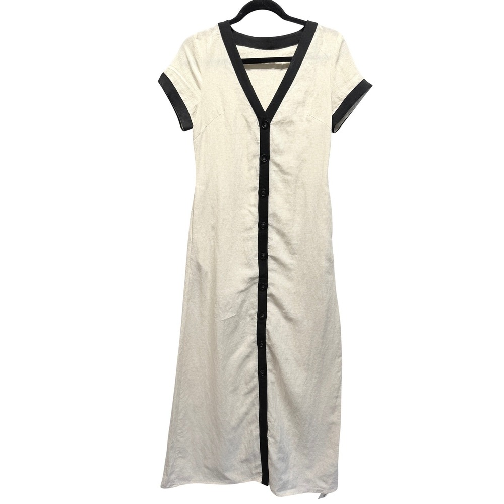 NWT Commense Linen Blend Button Front Maxi Dress Cream Black Trim Pockets